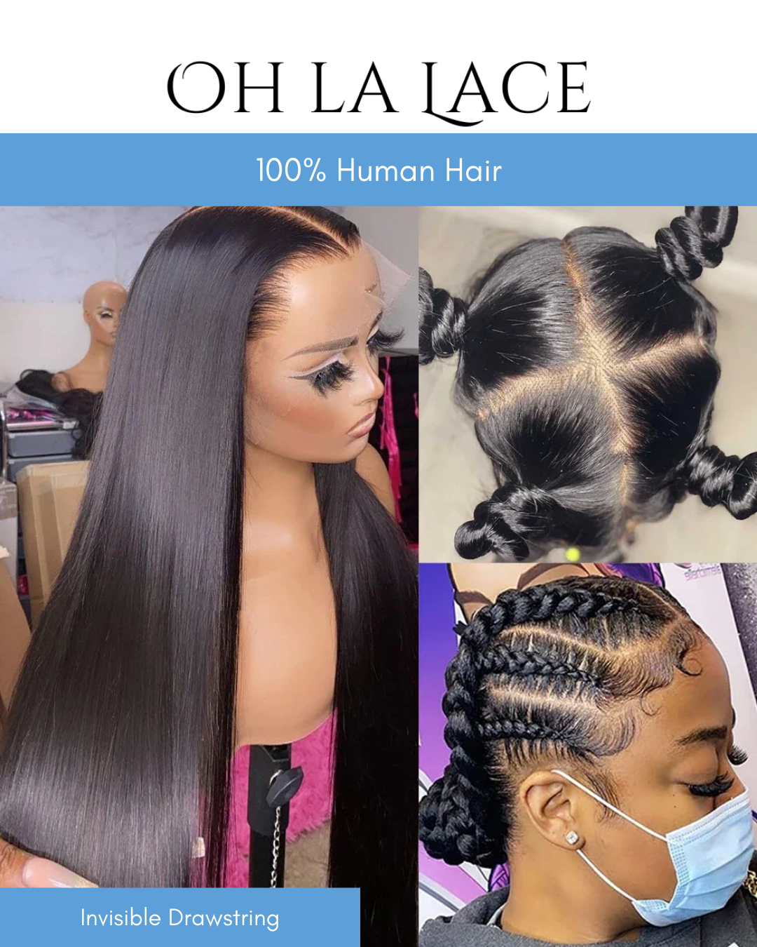 Invisi Drawstring Hidden Strap Full Lace Wig Straight Glueless Wig Lace Front Wig Frontal Wig Full Scalp HD Lace Human Hair Wigs