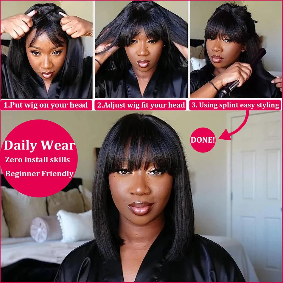 Bangs Short Bob Human Hair Wigs for Women