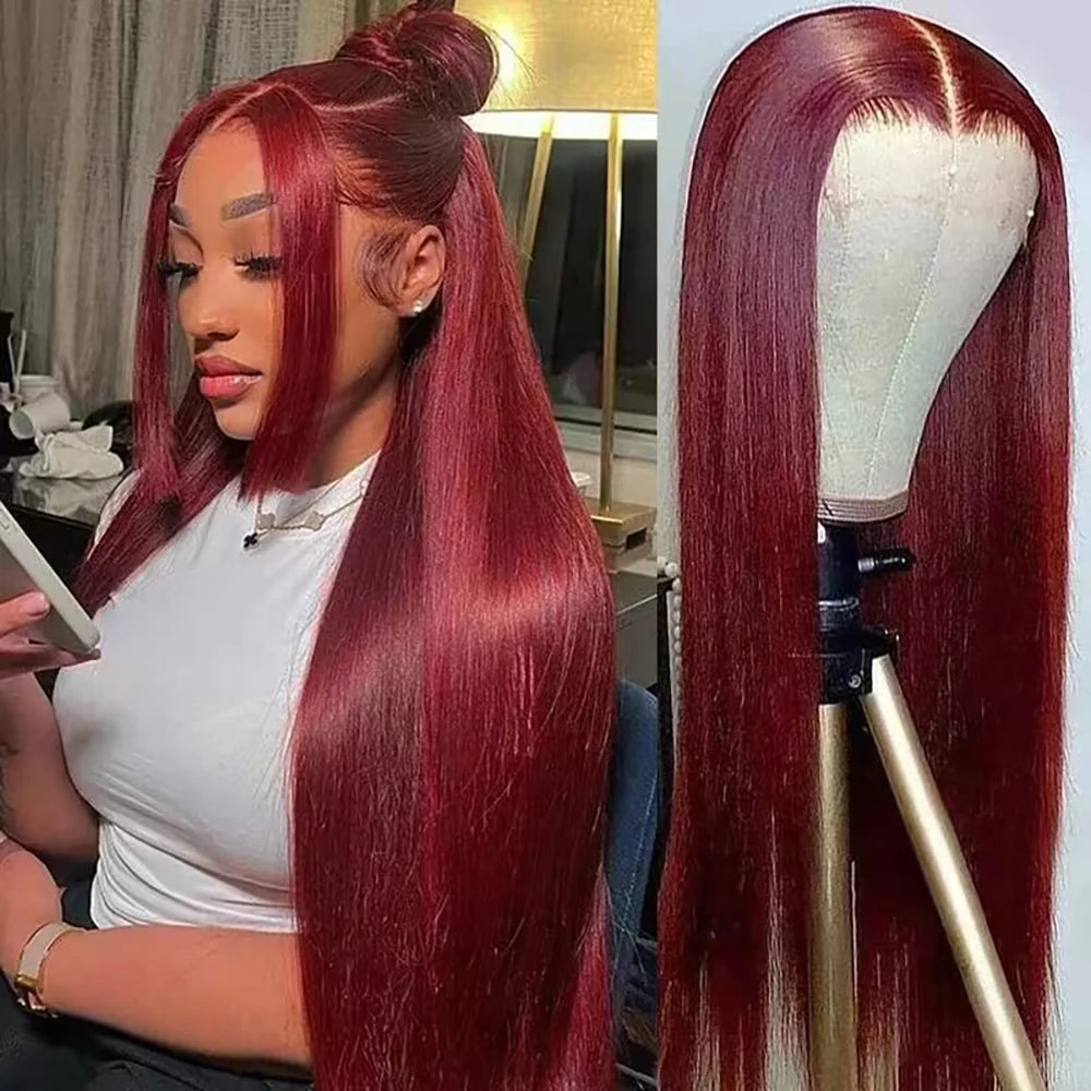 Frontal Human Hair Wig Straight Red