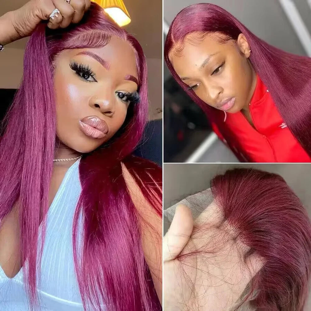 Frontal Human Hair Wig Straight Red