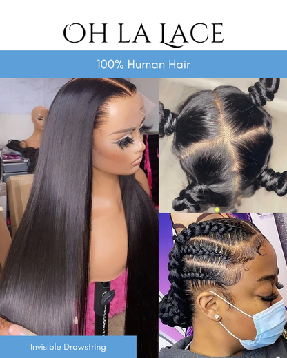 Invisi Drawstring Hidden Strap Full Lace Wig Straight Glueless Wig Lace Front Wig Frontal Wig Full Scalp HD Lace Human Hair Wigs