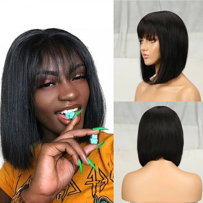 Natural Black Straight Bob Wig with Bangs – Sleek Brazilian Hair
