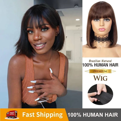 Straight Bob Human Hair Wig with Bangs