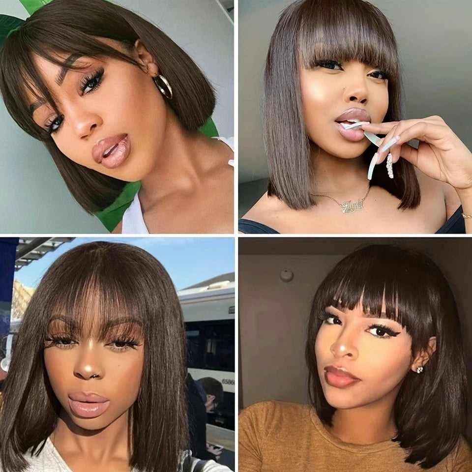 Natural Black Straight Bob Wig with Bangs – Sleek Brazilian Hair