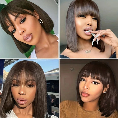 Natural Black Straight Bob Wig with Bangs – Sleek Brazilian Hair